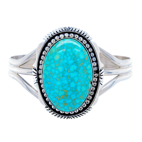 Image of Native American Bracelet - Navajo Turquoise Mountain Spider Web Turquoise Sterling Silver Bracelet - Eugene Belone