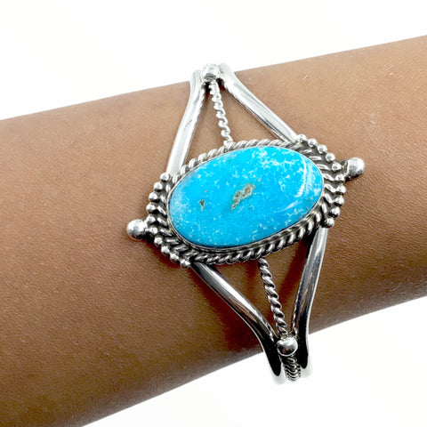 Image of Native American Bracelet - Navajo Turquoise Oval Stone Sterling Silver Bracelet - Samson Edsitty - Native American