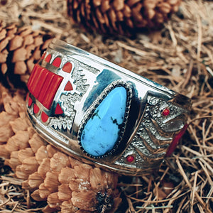 Native American Bracelet - Navajo Turquoise & Red Coral Inlay Cuff Bracelet - Michael Perry - Native American