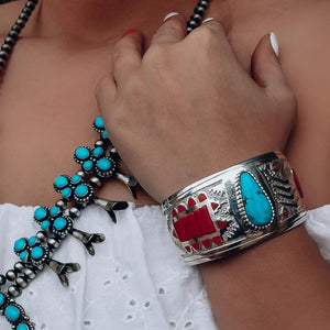 Native American Bracelet - Navajo Turquoise & Red Coral Inlay Cuff Bracelet - Michael Perry - Native American