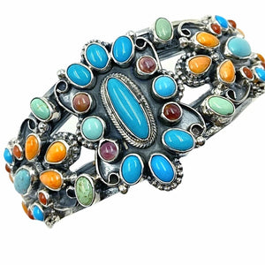 Native American Bracelet - Navajo Turquoise & Spiny Oyster Multi-stone Cluster Stamped Sterling Silver Cuff Bracelet - Bobby Johnson - Native American