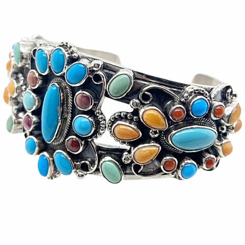 Image of Native American Bracelet - Navajo Turquoise & Spiny Oyster Multi-stone Cluster Stamped Sterling Silver Cuff Bracelet - Bobby Johnson - Native American