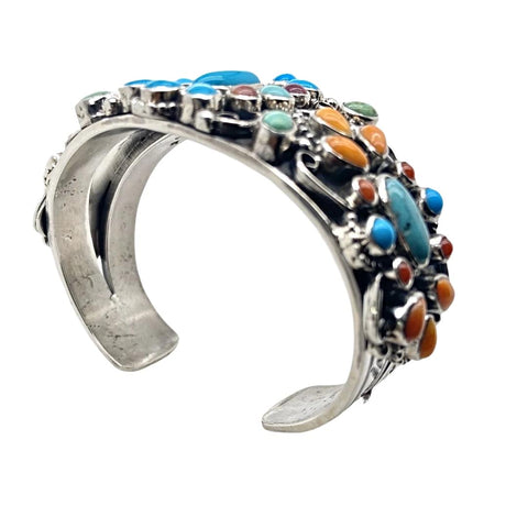 Image of Native American Bracelet - Navajo Turquoise & Spiny Oyster Multi-stone Cluster Stamped Sterling Silver Cuff Bracelet - Bobby Johnson - Native American