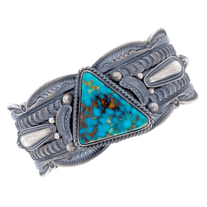 Native American Bracelet - Navajo Turquoise Triangle Embellished Silver Cuff Bracelet - Pawn
