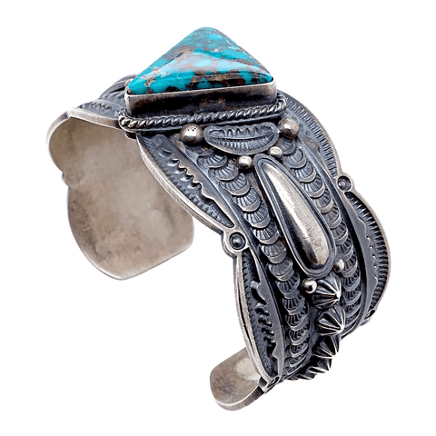 Image of Native American Bracelet - Navajo Turquoise Triangle Embellished Silver Cuff Bracelet - Pawn