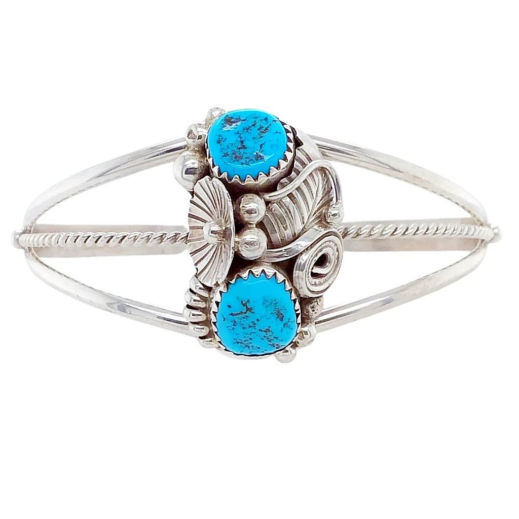 Sold Navajo Two Stone Sleeping Beauty Turquoise Flower Sterling Silver Cuff  Bracelet - Max Calladitto - Native American