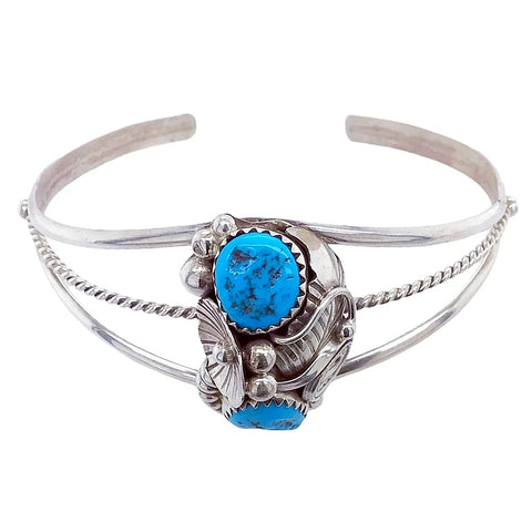 Image of Native American Bracelet - Navajo Two Stone Sleeping Beauty Turquoise Flower Sterling Silver Cuff Bracelet - Max Calladitto