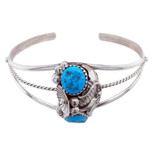 Native American Bracelet - Navajo Two Stone Sleeping Beauty Turquoise Flower Sterling Silver Cuff Bracelet - Max Calladitto