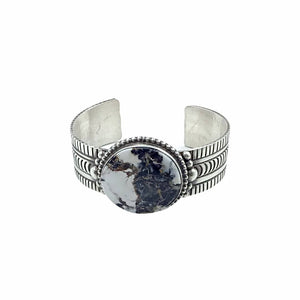 Native American Bracelet - Navajo White Buffalo Circle Stone Stamped Heavy-Gauge Sterling Silver Cuff Bracelet - Rick Enriquez - Native American