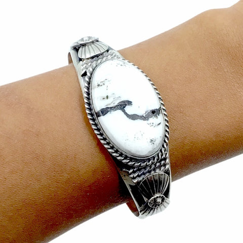 Image of Native American Bracelet - Navajo White Buffalo Long Oval Stone Stamped Sterling Silver Cuff Bracelet - Mary Ann Spencer - Native American