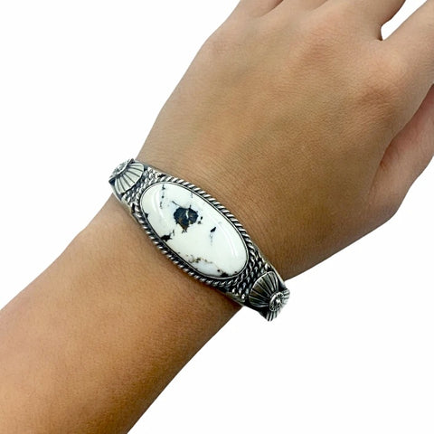 Image of Native American Bracelet - Navajo White Buffalo Long Oval Stone Stamped Sterling Silver Cuff Bracelet - Mary Ann Spencer - Native American