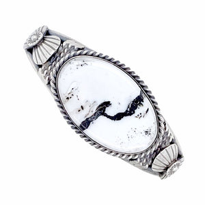 Native American Bracelet - Navajo White Buffalo Long Oval Stone Stamped Sterling Silver Cuff Bracelet - Mary Ann Spencer - Native American