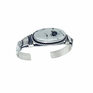 Native American Bracelet - Navajo White Buffalo Long Oval Stone Stamped Sterling Silver Cuff Bracelet - Mary Ann Spencer - Native American