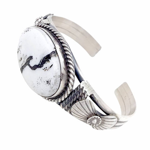 Image of Native American Bracelet - Navajo White Buffalo Long Oval Stone Stamped Sterling Silver Cuff Bracelet - Mary Ann Spencer - Native American