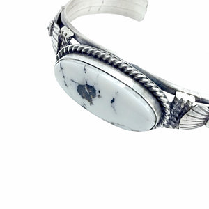 Native American Bracelet - Navajo White Buffalo Long Oval Stone Stamped Sterling Silver Cuff Bracelet - Mary Ann Spencer - Native American