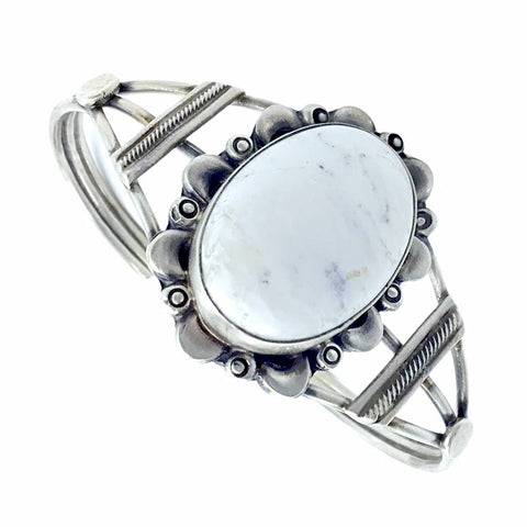 Image of Native American Bracelet - Navajo White Buffalo Oval Sterling Silver Twist Wire Bracelet - Sheila Becenti - Native American