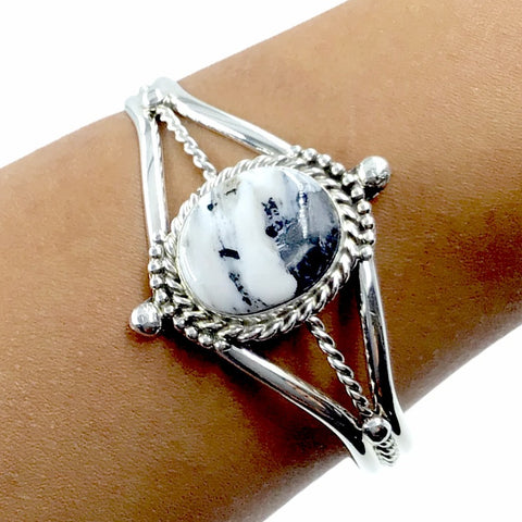 Image of Native American Bracelet - Navajo White Buffalo Oval Stone Sterling Silver Bracelet - Samson Edsitty - Native American