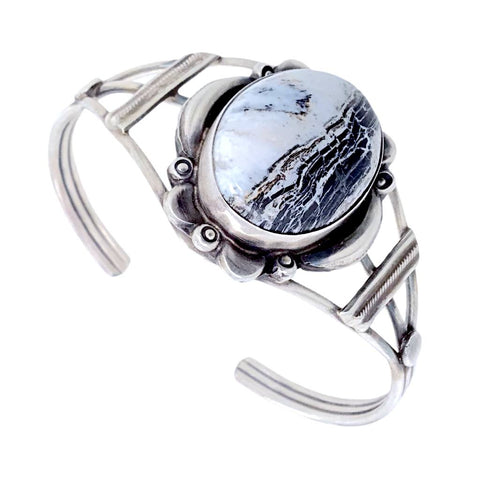 Image of Native American Bracelet - Navajo White Buffalo Oval Stone Sterling Silver Cuff Bracelet - Sheila Becenti - Native American