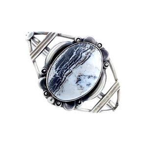 Native American Bracelet - Navajo White Buffalo Oval Stone Sterling Silver Cuff Bracelet - Sheila Becenti - Native American