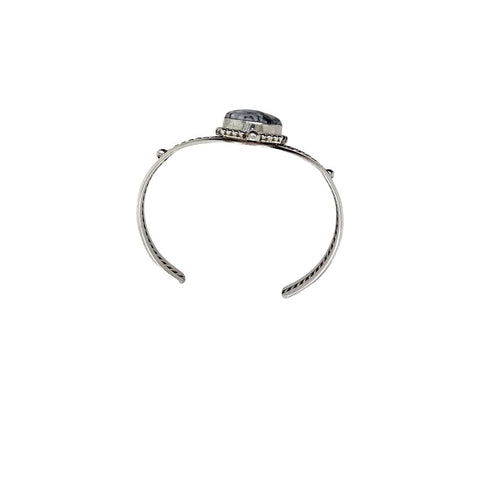 Image of Native American Bracelet - Navajo White Buffalo Oval Stone Twist-Wire Sterling Silver Bracelet - Samson Edsitty - Native American
