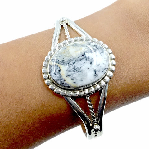 Image of Native American Bracelet - Navajo White Buffalo Stone Twist-Wire Sterling Silver Bracelet - Samson Edsitty - Native American