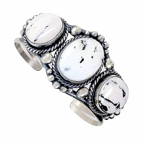 Image of Native American Bracelet - Navajo White Buffalo Triple-Stone Sterling Silver Cuff Bracelet - Mary Ann Spencer - Native American