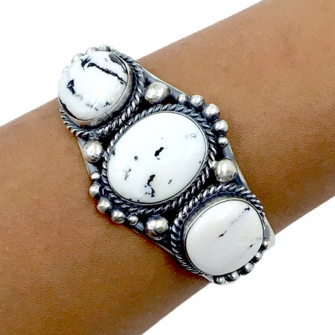 Image of Native American Bracelet - Navajo White Buffalo Triple-Stone Sterling Silver Cuff Bracelet - Mary Ann Spencer - Native American