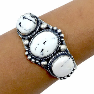 Native American Bracelet - Navajo White Buffalo Triple-Stone Sterling Silver Cuff Bracelet - Mary Ann Spencer - Native American