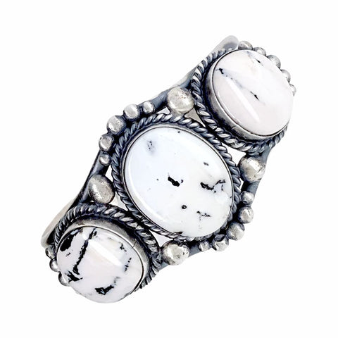 Image of Native American Bracelet - Navajo White Buffalo Triple-Stone Sterling Silver Cuff Bracelet - Mary Ann Spencer - Native American