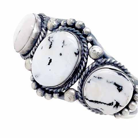 Image of Native American Bracelet - Navajo White Buffalo Triple-Stone Sterling Silver Cuff Bracelet - Mary Ann Spencer - Native American