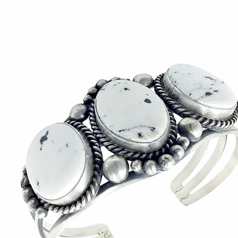 Image of Native American Bracelet - Navajo White Buffalo Triple-Stone Sterling Silver Cuff Bracelet - Mary Ann Spencer - Native American