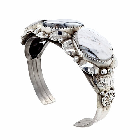 Image of Native American Bracelet - Navajo White Buffalo Triple-Stone Sterling Silver Cuff Bracelet - Native American