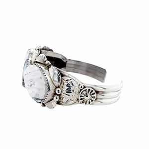 Native American Bracelet - Navajo White Buffalo Triple-Stone Sterling Silver Cuff Bracelet - Native American