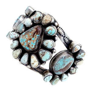 Native American Bracelet - Navajo Wide Dry Creek Spiderweb Turquoise Triple Cluster Sterling Silver Cuff Bracelet - Bobby Johnson - Native American