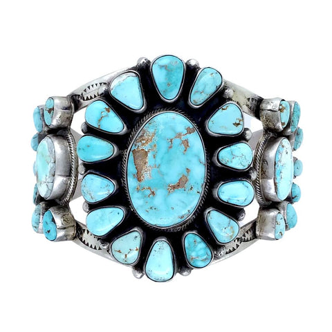 Image of Native American Bracelet - Navajo Wide Dry Creek Turquoise Triple Cluster Sterling Silver Cuff Bracelet - Bobby Johnson - Native American