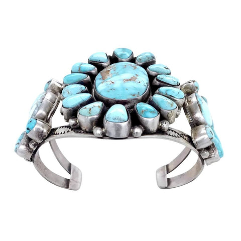 Image of Native American Bracelet - Navajo Wide Dry Creek Turquoise Triple Cluster Sterling Silver Cuff Bracelet - Bobby Johnson - Native American