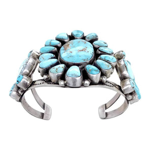 Native American Bracelet - Navajo Wide Dry Creek Turquoise Triple Cluster Sterling Silver Cuff Bracelet - Bobby Johnson - Native American