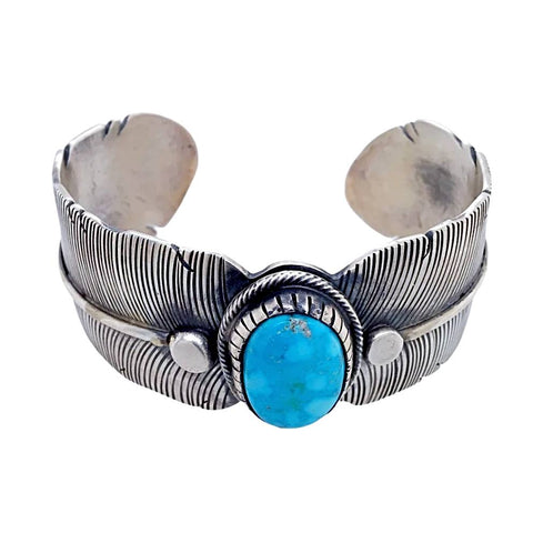 Image of Native American Bracelet - Navajo Wide Feather Kingman Turquoise Sterling Silver Bracelet - Lorenzo Juan - Native American
