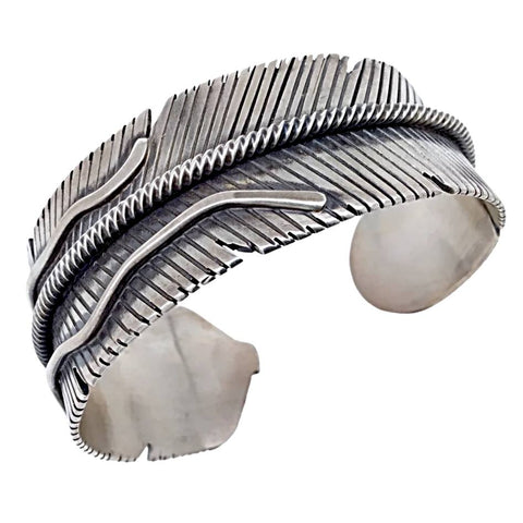 Image of Native American Bracelet - Navajo Wide Feather Sterling Silver Cuff Bracelet - Lorenzo Juan - Native American