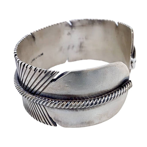 Image of Native American Bracelet - Navajo Wide Feather Sterling Silver Cuff Bracelet - Lorenzo Juan - Native American