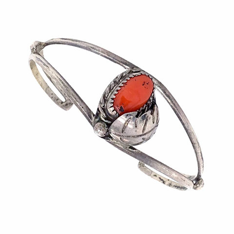 Image of Native American Bracelet - Old Pawn Coral Feather Sterling Silver Cuff Bracelet - Native American