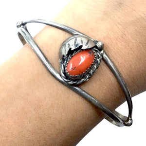 Native American Bracelet - Old Pawn Coral Feather Sterling Silver Cuff Bracelet - Native American
