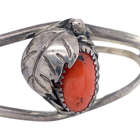Image of Native American Bracelet - Old Pawn Coral Feather Sterling Silver Cuff Bracelet - Native American