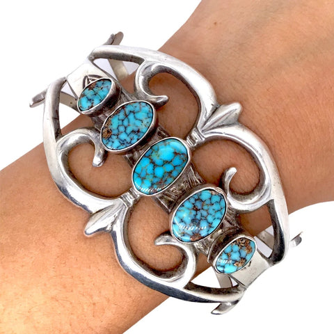 Image of Native American Bracelet - Old Pawn Navajo Turquoise Sterling Silver Sandcast Cuff Bracelet - Native American