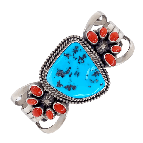 Image of Native American Bracelet - Sleeping Beauty Turquoise And Coral Embellished Bracelet - Mike Calladitto, Navajo