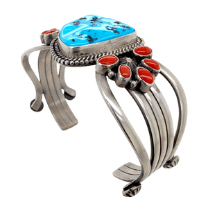 Native American Bracelet - Sleeping Beauty Turquoise And Coral Embellished Bracelet - Mike Calladitto, Navajo