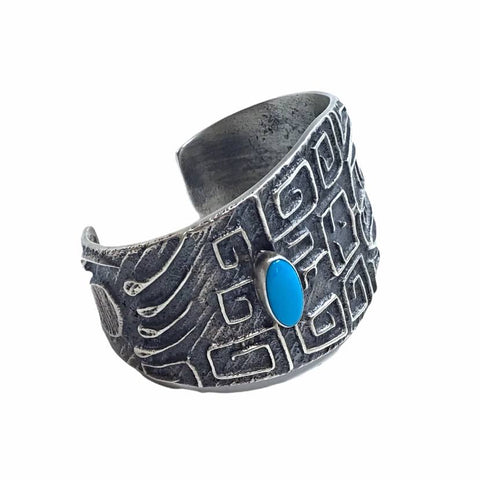 Image of Native American Bracelet - Sold Navajo Kingman Turquoise Sterling Silver Tufa Cast B.racelet - Darrin Livingston - Native American