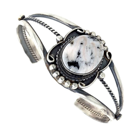 Image of Native American Bracelet - Sold Navajo White Buffalo Stone Twist-Wire Sterling Silver B.racelet - Sheila Becenti - Native American