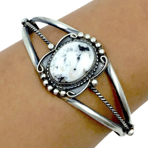 Native American Bracelet - Sold Navajo White Buffalo Stone Twist-Wire Sterling Silver B.racelet - Sheila Becenti - Native American