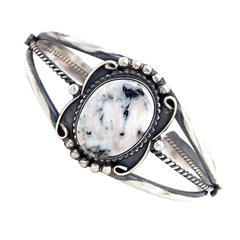 Image of Native American Bracelet - Sold Navajo White Buffalo Stone Twist-Wire Sterling Silver B.racelet - Sheila Becenti - Native American